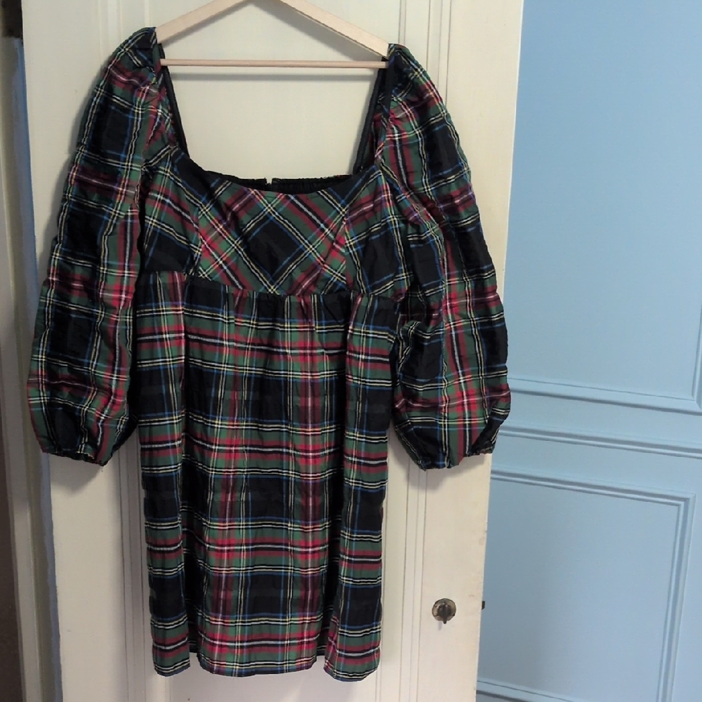 J Crew tartan square neck babydoll dress with sleeves